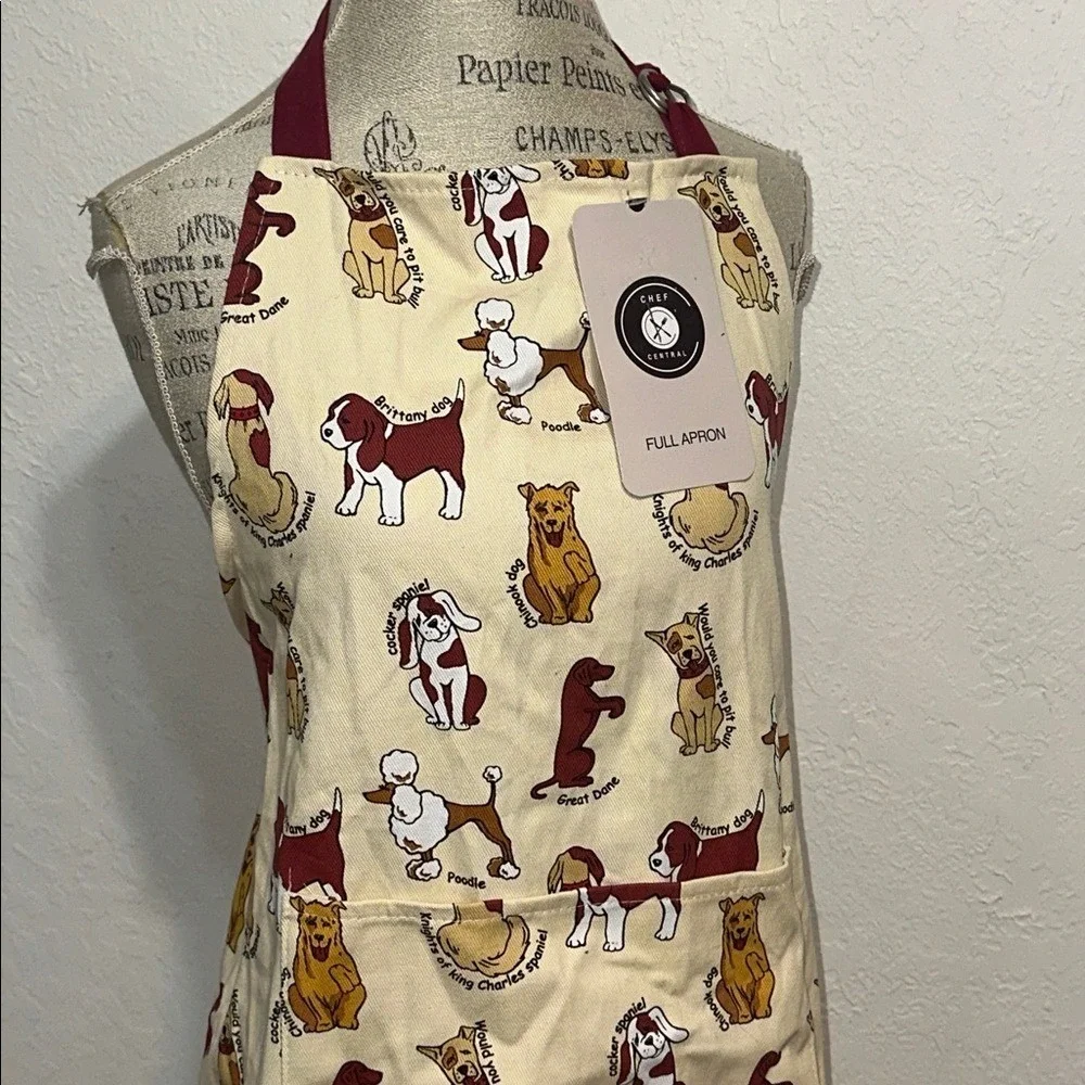Chef Central Canines Full Apron Cotton Dog Breed Print Cream Burgundy New